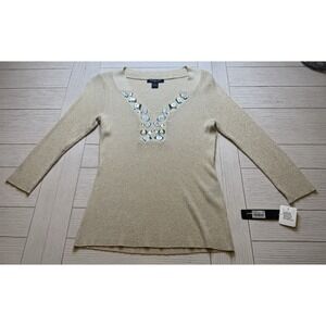 VTG August Silk Gold Metallic Knit Beaded Holiday Elegant‎ Glam Sweater Sz L NWT
